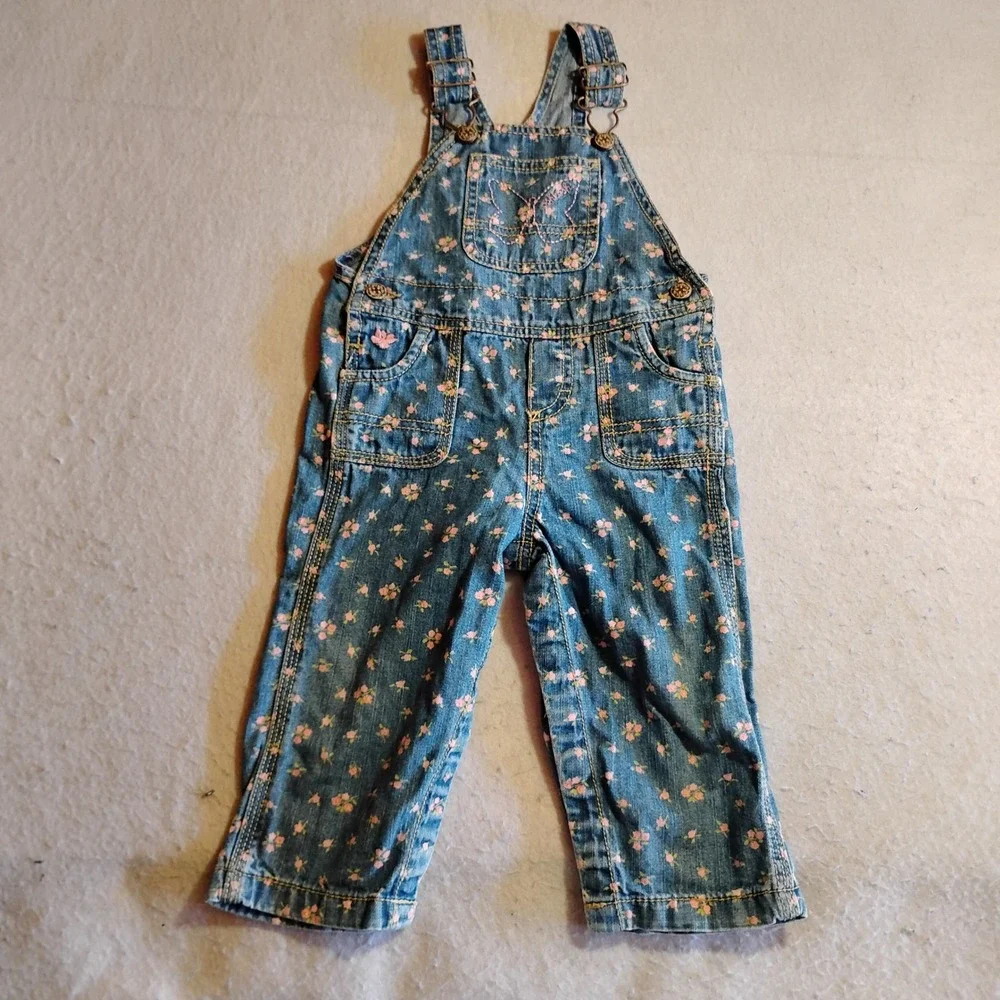 Vintage OshKosh Bgosh Baby Girls Floral Denim Overalls‎ Blue Pink 18 Months